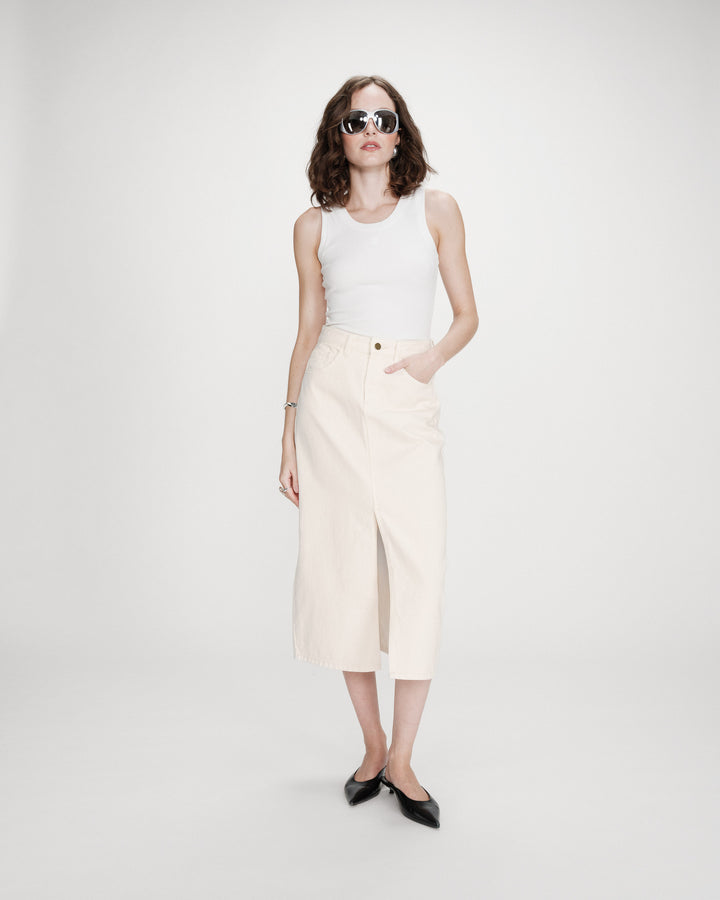 High-waist long denim skirt with front slit ecru Varenne