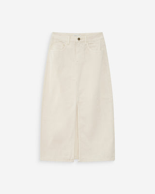 Jupe longue en denim taille haute fente devant ecru Varenne