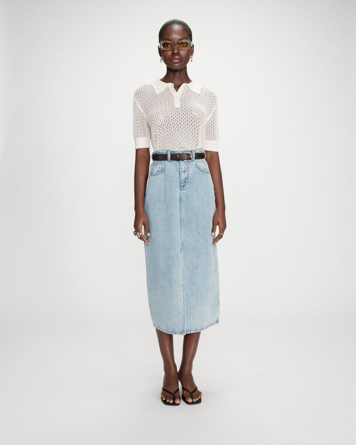 Jupe longue en denim taille haute fente devant skyblue Varenne