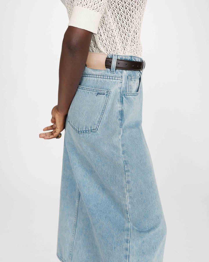 Jupe longue en denim taille haute fente devant skyblue Varenne