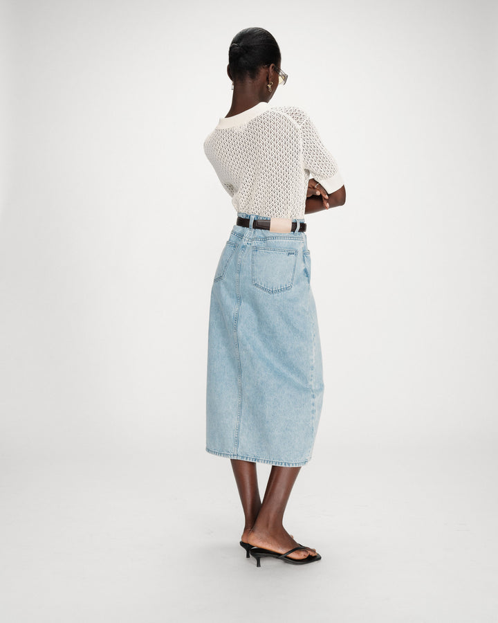 Jupe longue en denim taille haute fente devant skyblue Varenne
