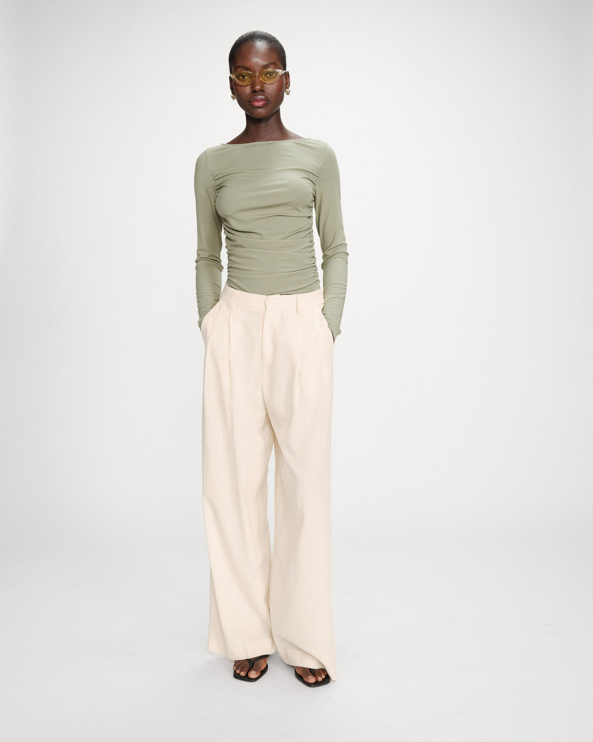 Straight linen tailored pants fine stripes vanille Very