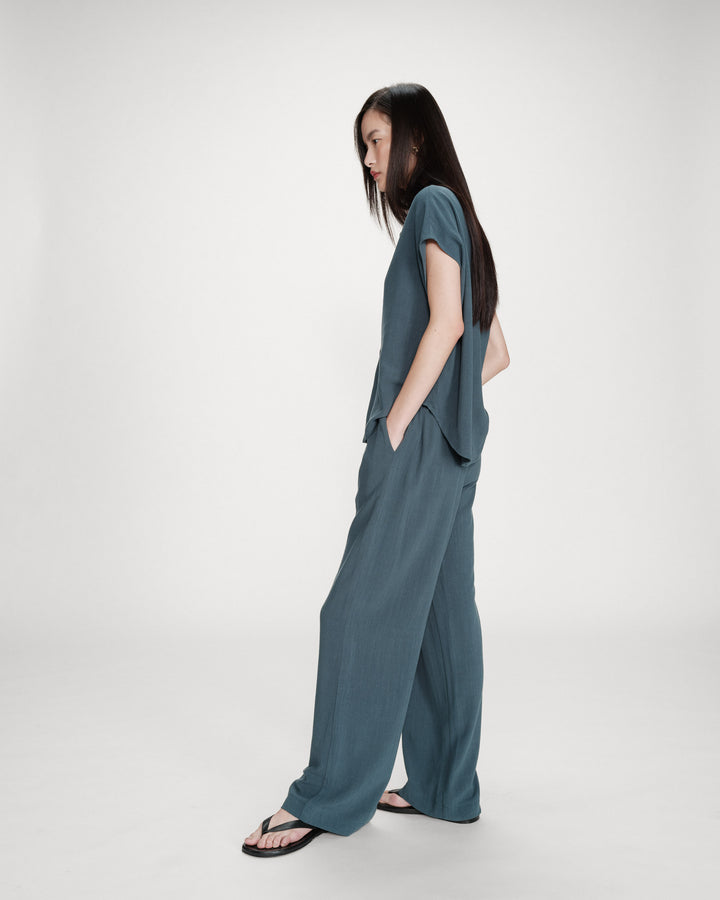 Pantalon large en lin taille haute emeraude Raven