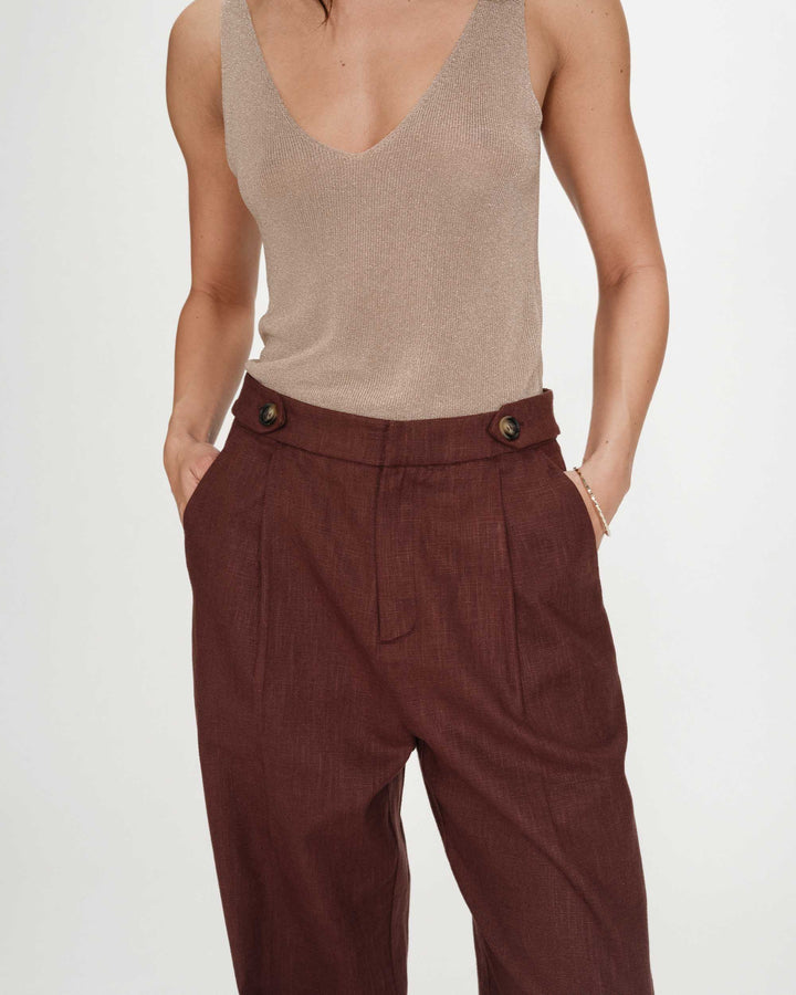 Pantalon tailleur à plis en lin et coton chocolat Vanelis