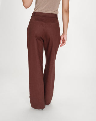 Pantalon tailleur à plis en lin et coton chocolat Vanelis