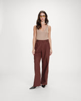 Pantalon tailleur à plis en lin et coton chocolat Vanelis