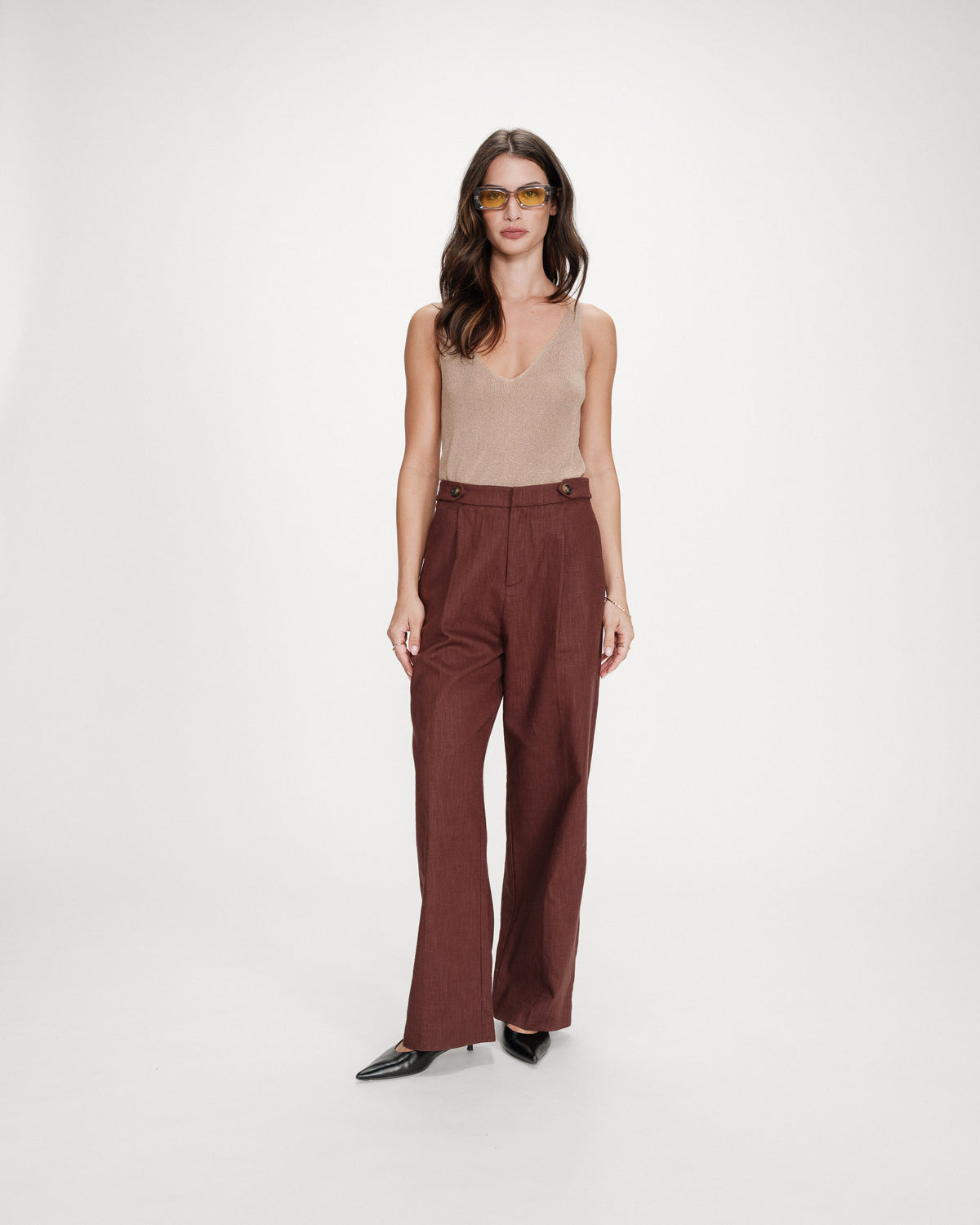 Pantalon tailleur à plis en lin et coton chocolat Vanelis