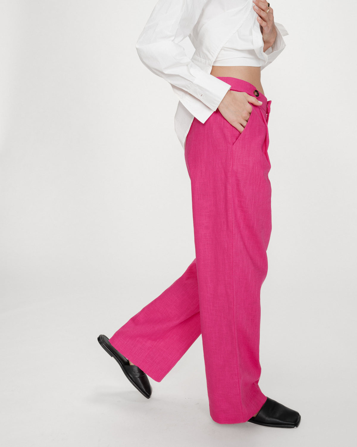 Pantalon tailleur à plis en lin et coton fuchsia Vanelis