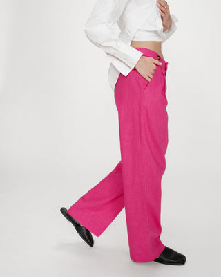 Pantalon tailleur à plis en lin et coton fuchsia Vanelis