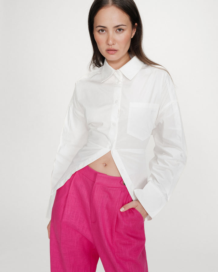 Pantalon tailleur à plis en lin et coton fuchsia Vanelis