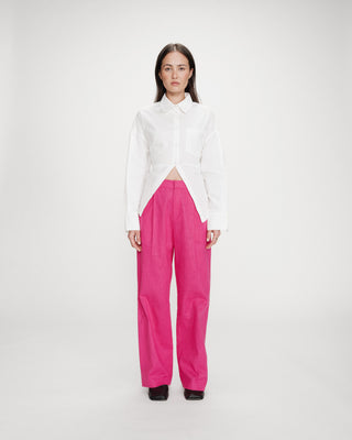 Pantalon tailleur à plis en lin et coton fuchsia Vanelis