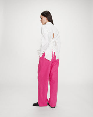 Pantalon tailleur à plis en lin et coton fuchsia Vanelis
