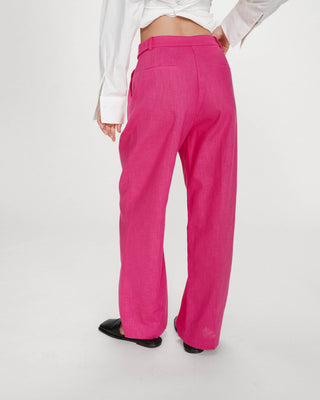Pantalon tailleur à plis en lin et coton fuchsia Vanelis