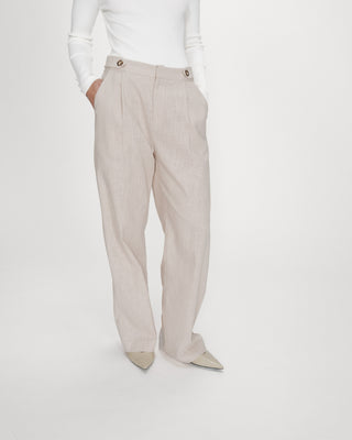 Pantalon tailleur à plis en lin et coton sable Vanelis