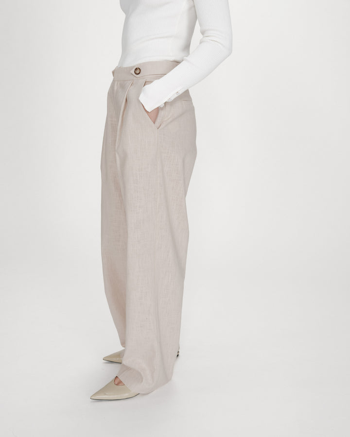Pantalon tailleur à plis en lin et coton sable Vanelis