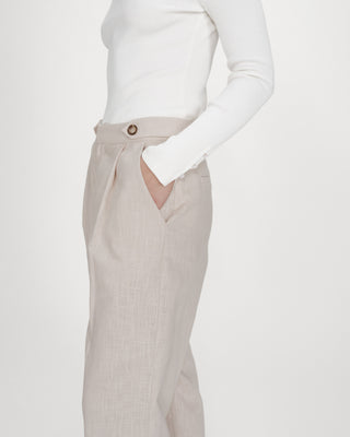 Pantalon tailleur à plis en lin et coton sable Vanelis