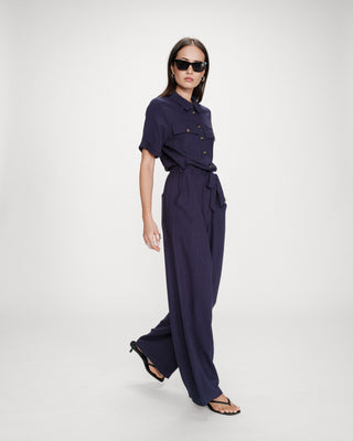 Combinaison pantalon fluide taille soulignée marine Vanelle
