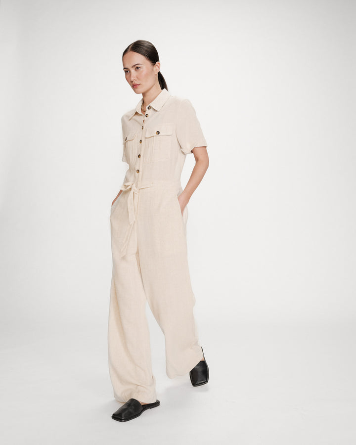Combinaison pantalon fluide taille soulignée sable Vanelle