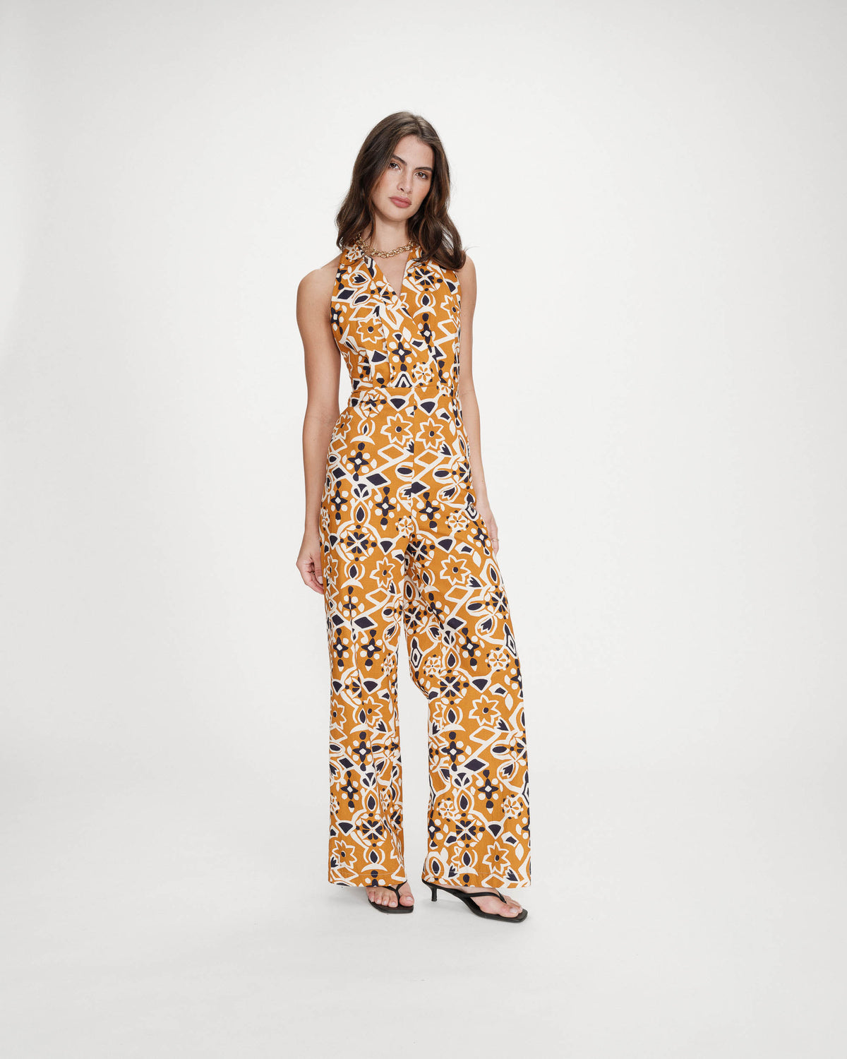 Combinaison pantalon dos nu imprimée cognac Vanina