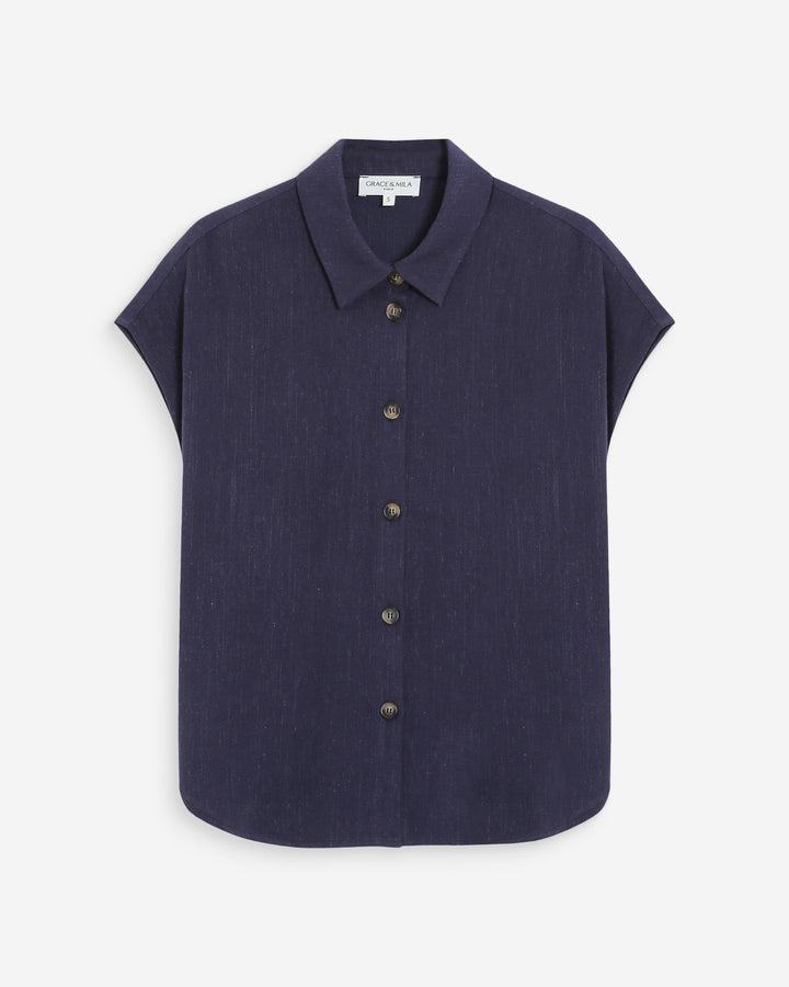 Fluid linen short-sleeve shirt marine Perez