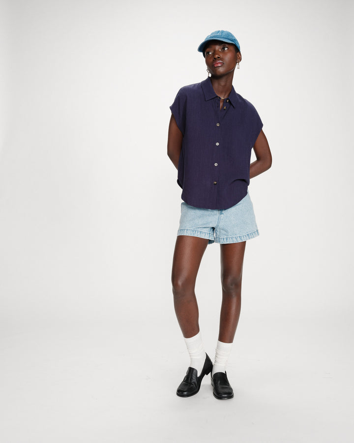 Fluid linen short-sleeve shirt marine Perez