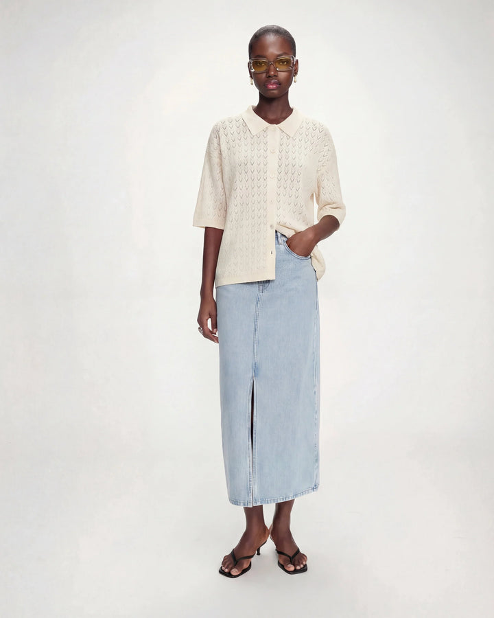 Cardigan en maille ajourée col chemise ecru Vadim