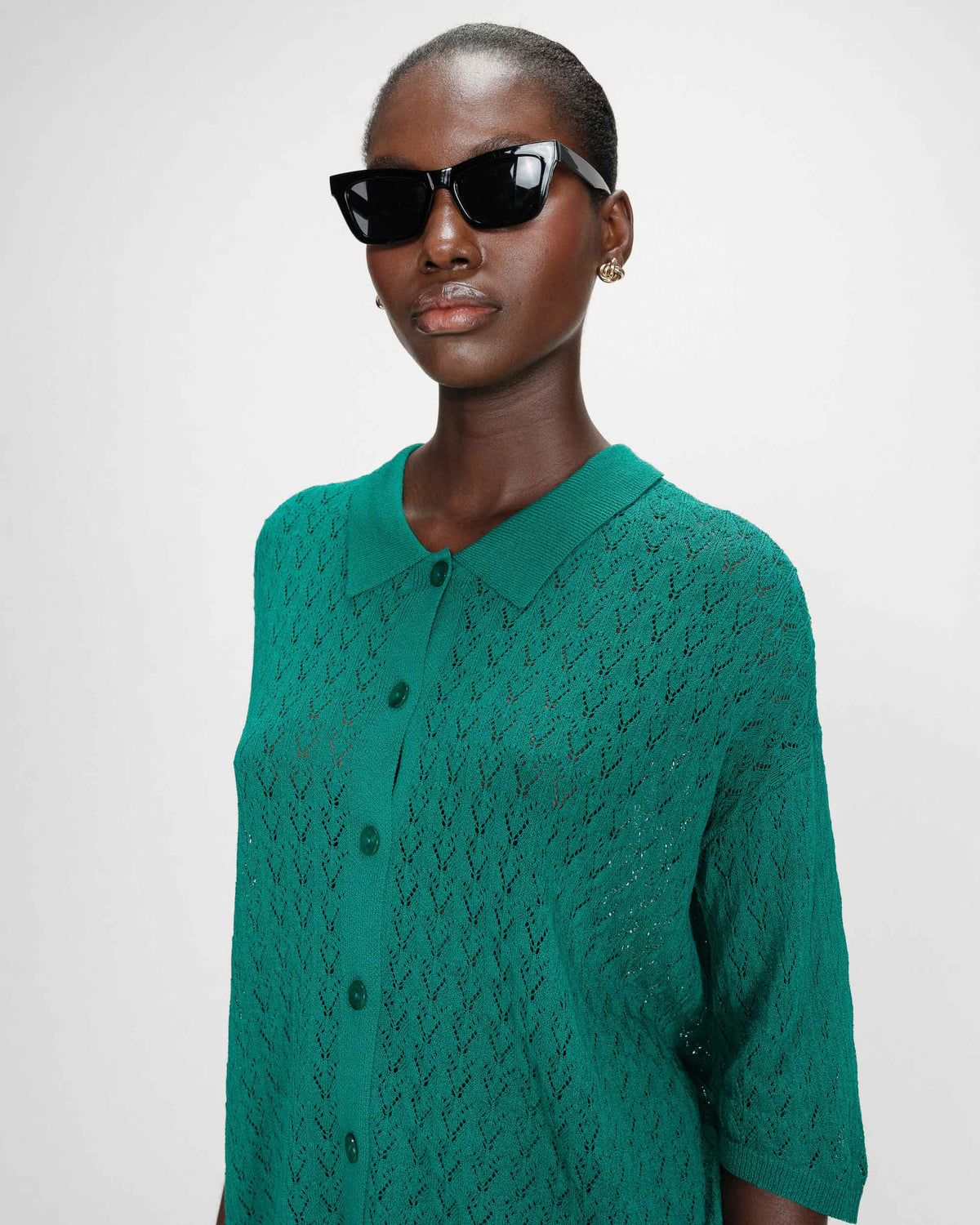 Cardigan en maille ajourée col chemise vert Vadim
