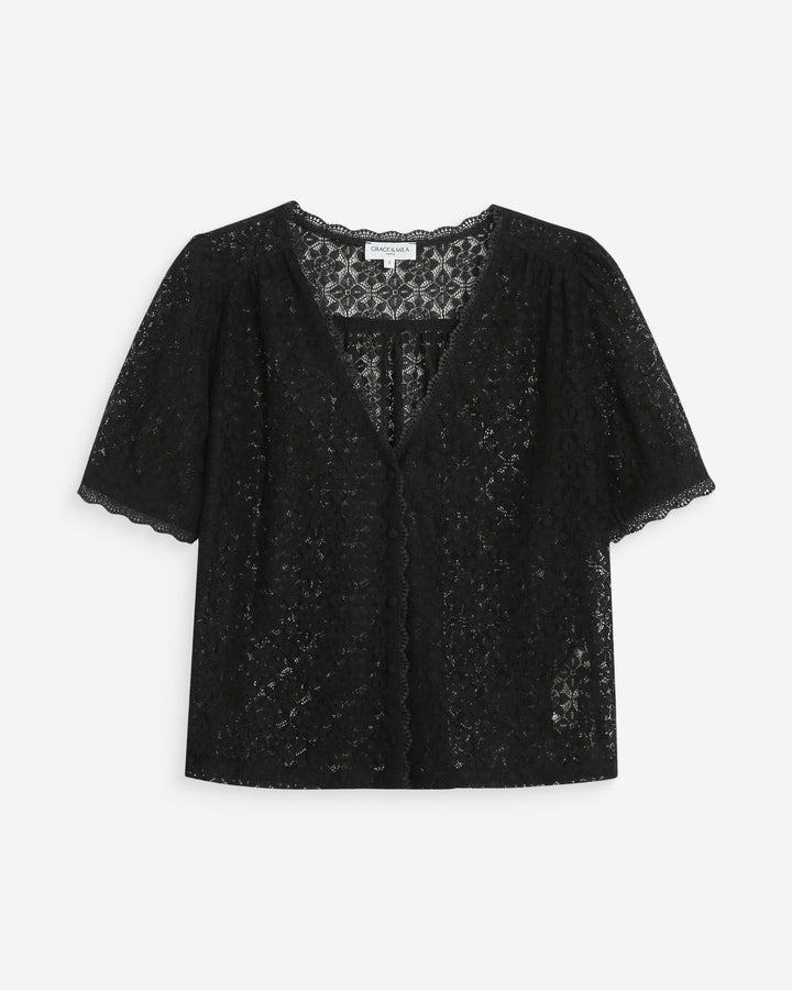 Blouse en dentelle col V manches courtes noir Vicky