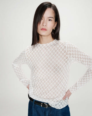 Sheer lace long-sleeve top ivoire Valmy
