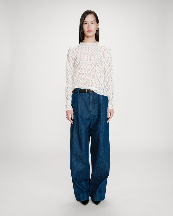 Sheer lace long-sleeve top ivoire Valmy