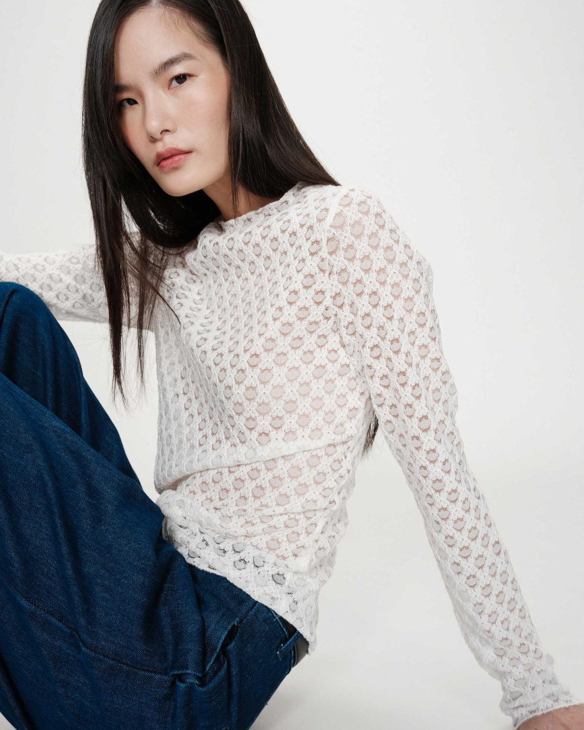 Sheer lace long-sleeve top ivoire Valmy