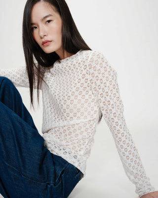 Sheer lace long-sleeve top ivoire Valmy