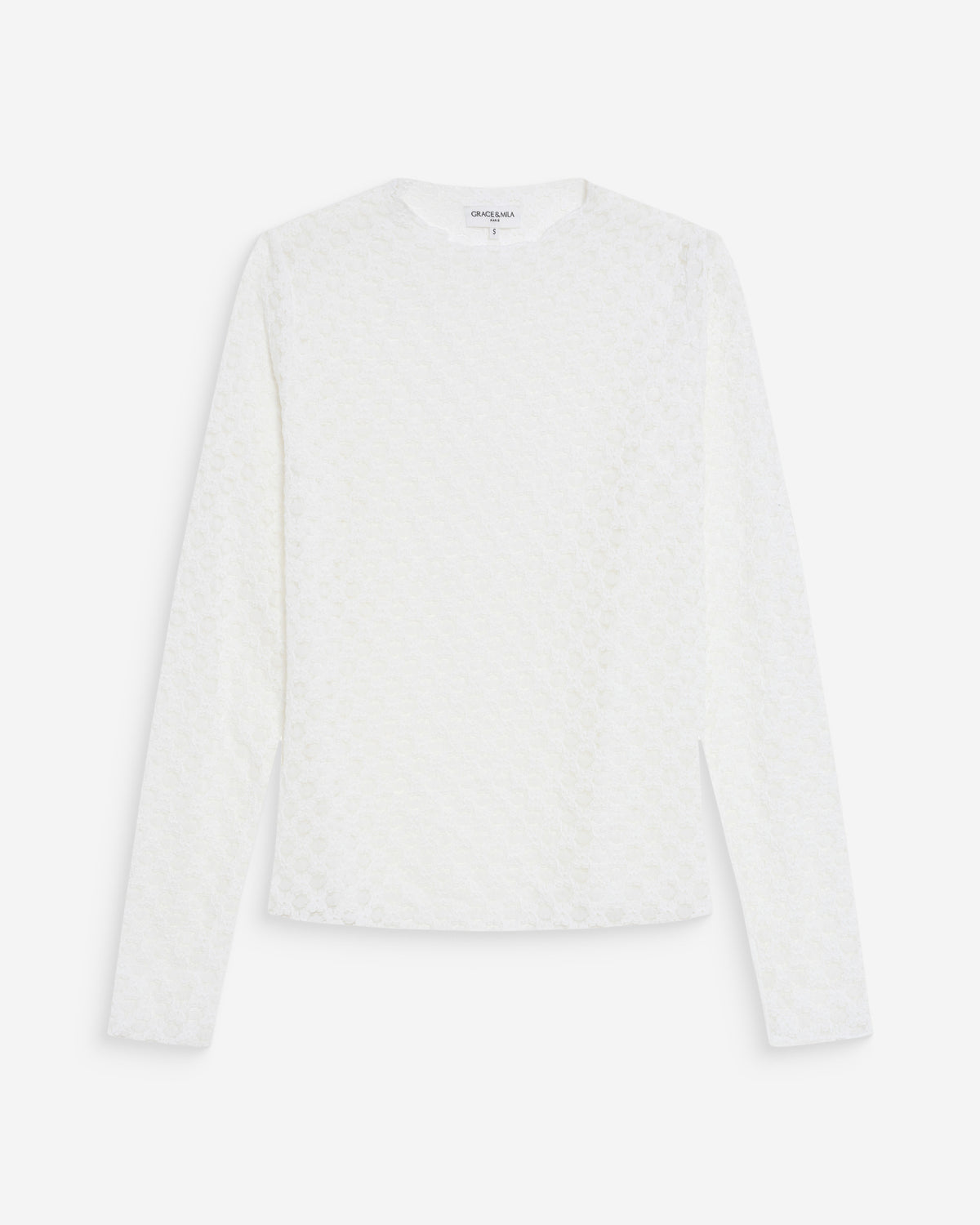 Sheer lace long-sleeve top ivoire Valmy