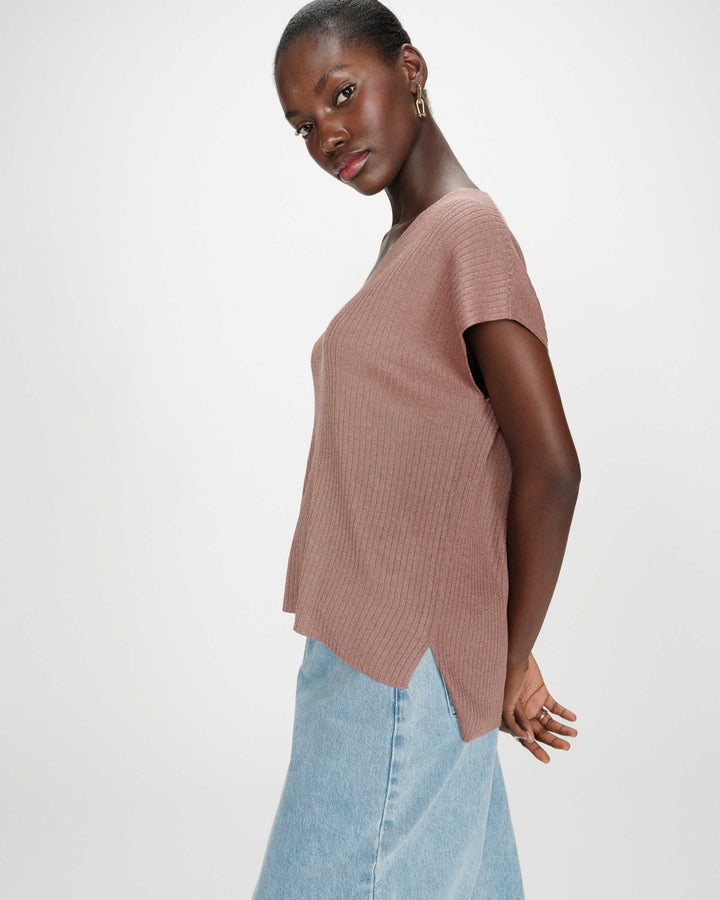 Top amplio de lurex con escote en V terracotta Vaporo