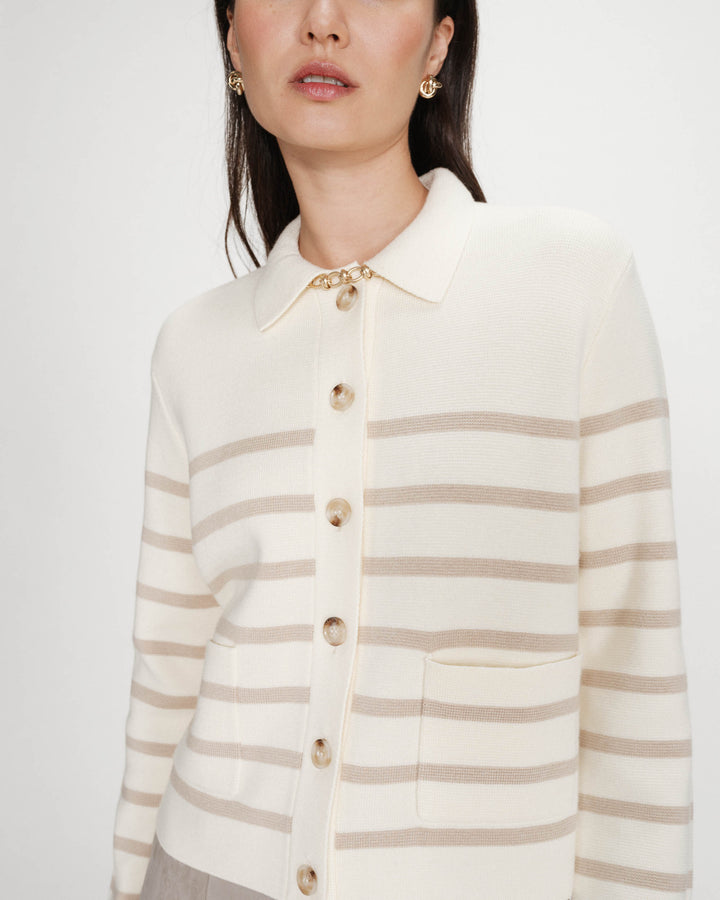 Cardigan boutonné à col chemise avec poches ecru Maelys