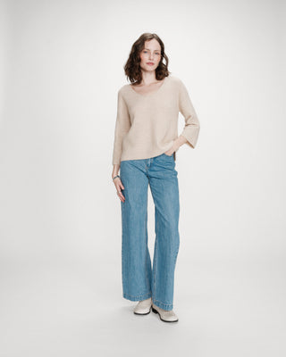 Oversized V-neck 3/4 sleeve sweater beige Vicenzo