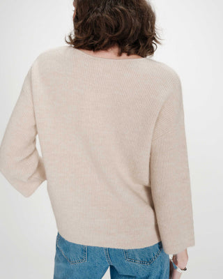 Oversized V-neck 3/4 sleeve sweater beige Vicenzo