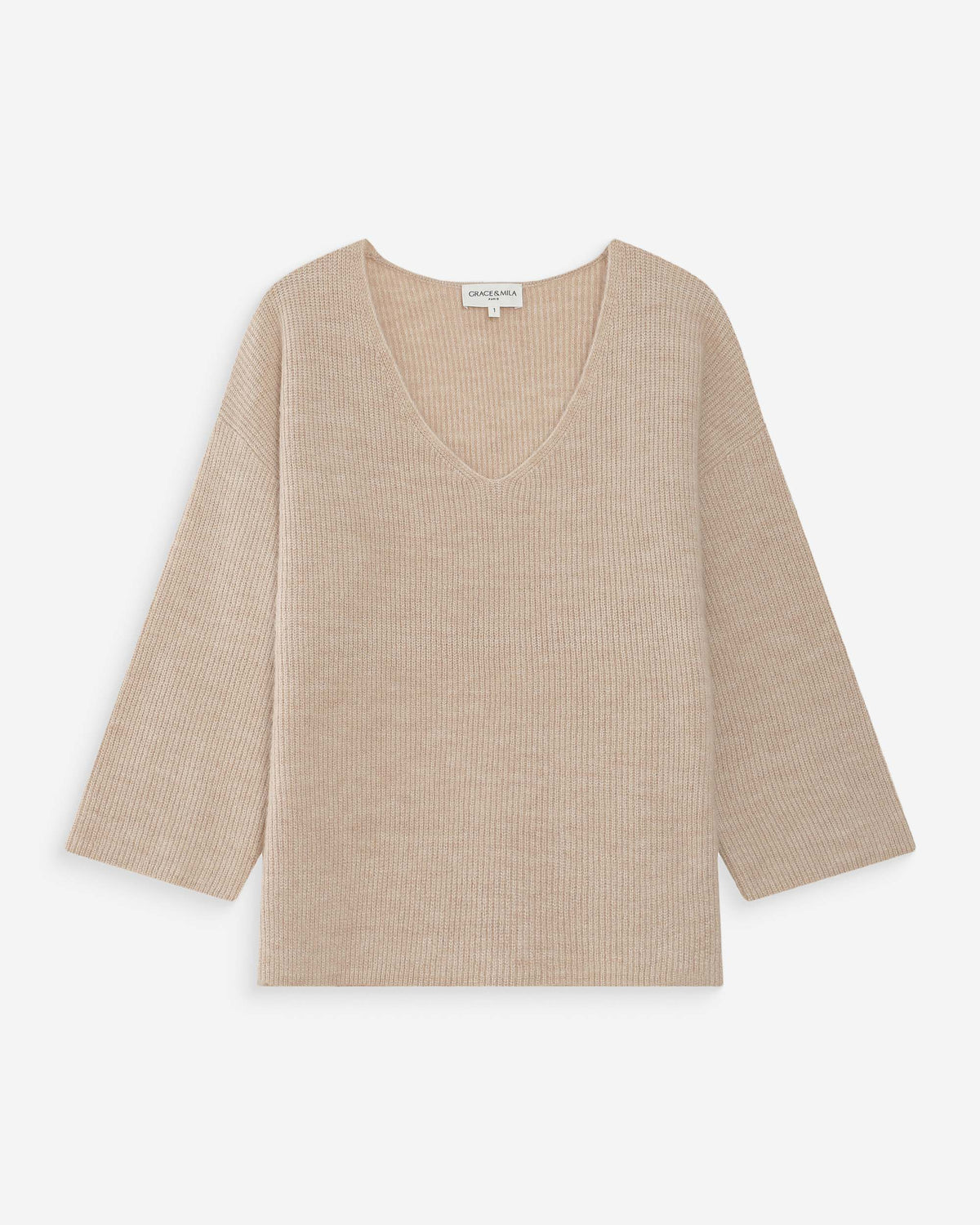 Oversized V-neck 3/4 sleeve sweater beige Vicenzo