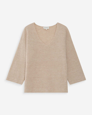 Oversized V-neck 3/4 sleeve sweater beige Vicenzo