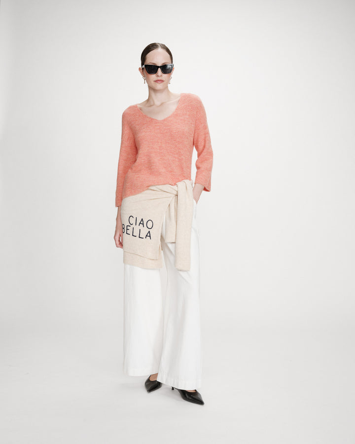 Oversized V-neck 3/4 sleeve sweater corail Vicenzo
