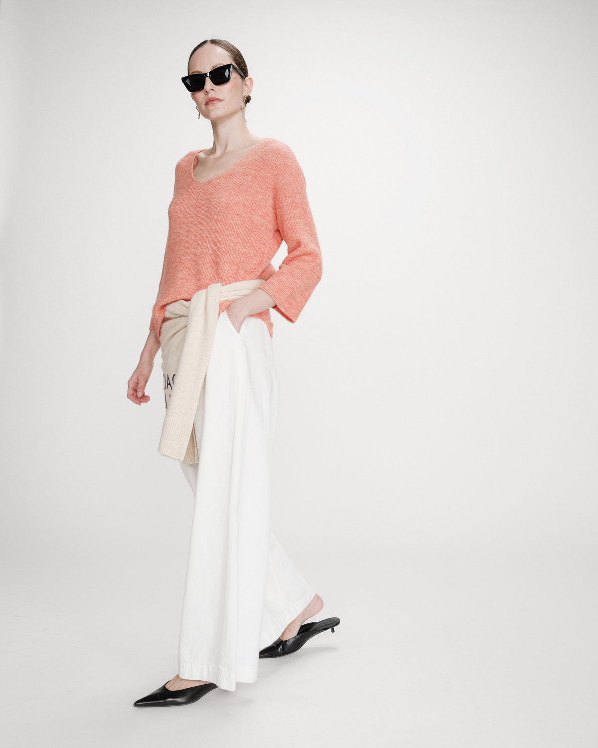 Oversized V-neck 3/4 sleeve sweater corail Vicenzo