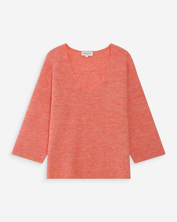 Oversized V-neck 3/4 sleeve sweater corail Vicenzo