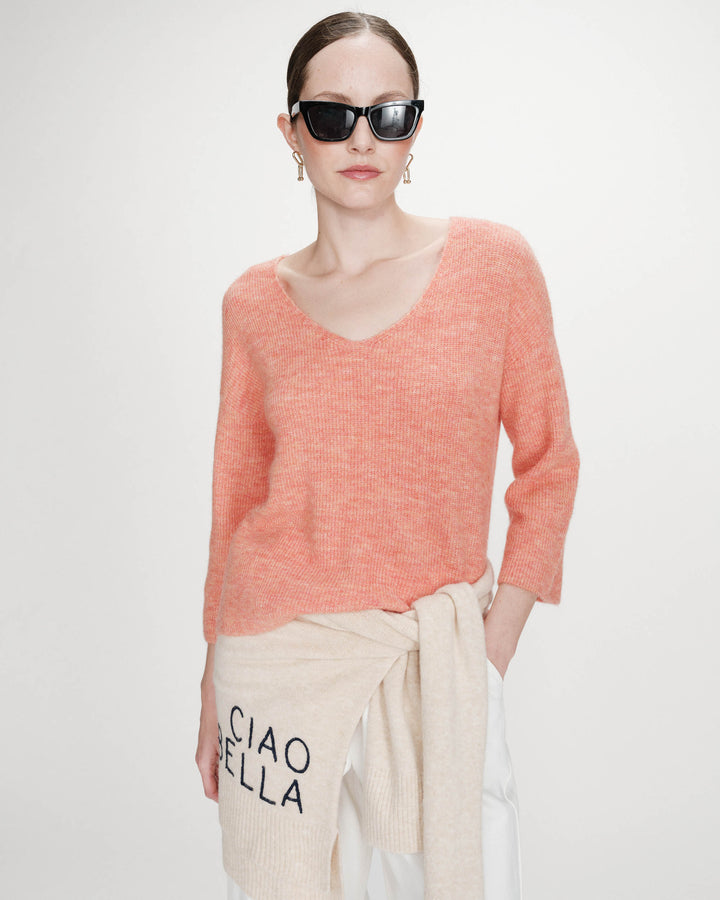 Oversized V-neck 3/4 sleeve sweater corail Vicenzo