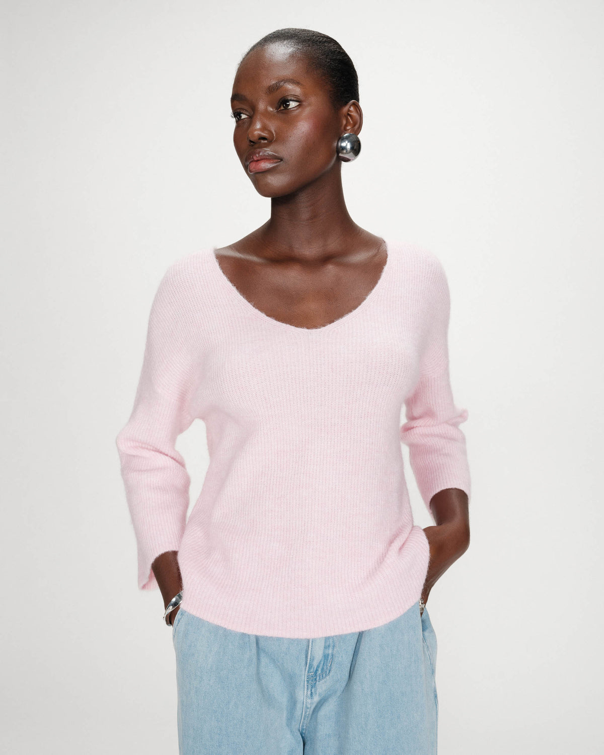 Oversized V-neck 3/4 sleeve sweater rose Vicenzo