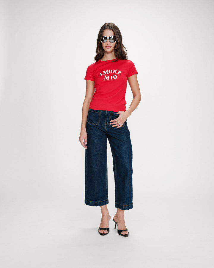 Fitted cotton T-shirt with velvet print rouge Valerio