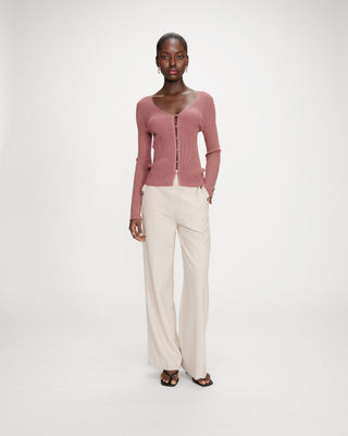 Cardigan ajusté col V manches longues terracotta Volage