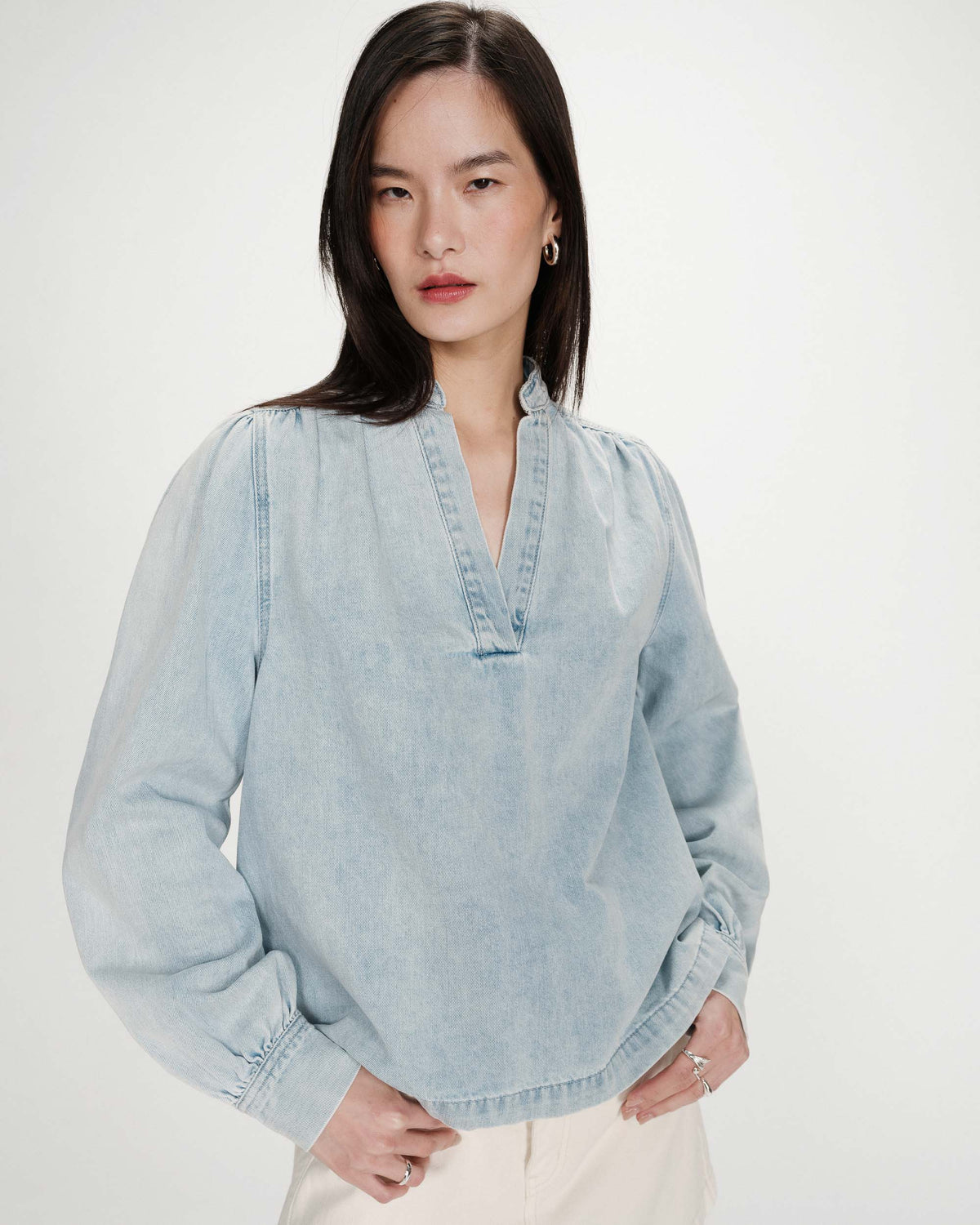 Straight long-sleeve denim blouse skyblue Valory