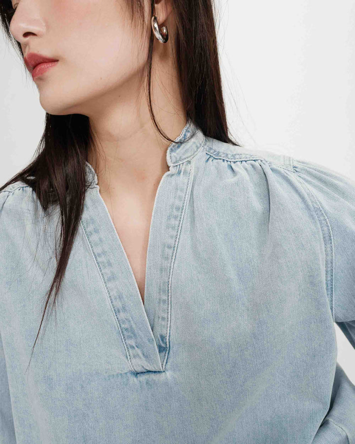 Straight long-sleeve denim blouse skyblue Valory