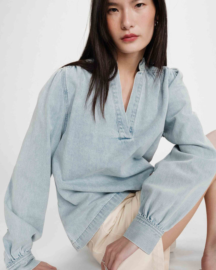 Straight long-sleeve denim blouse skyblue Valory