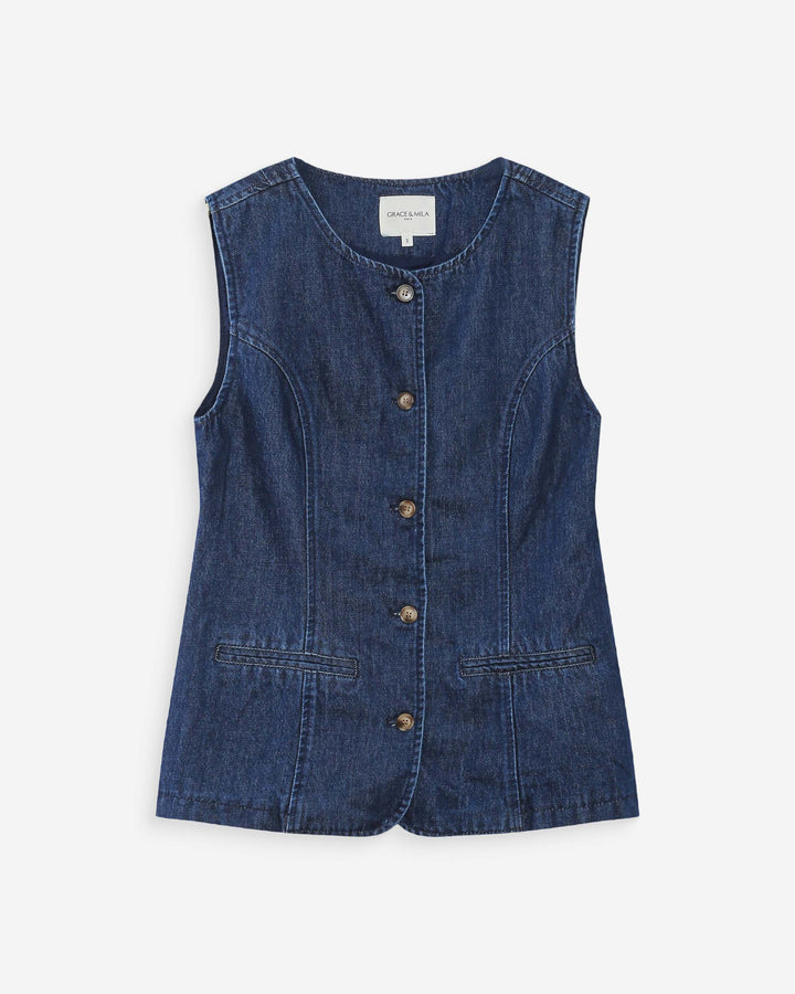 Veste cintrée en jean sans manches mediumblue Vallon